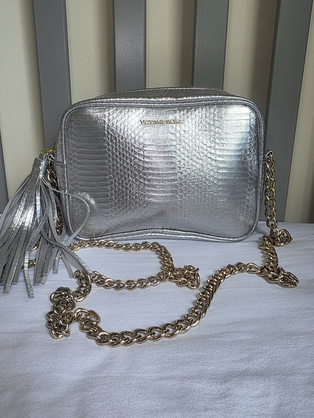 Victorias Secret Metallic Silver Crossbody Bag with Tassel Zipper
